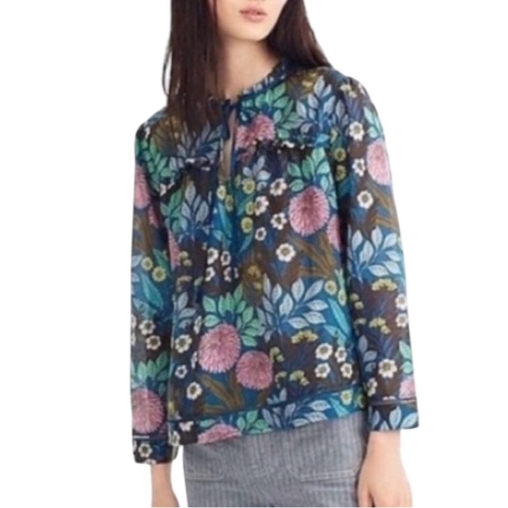 J. Crew x Abigail Borg Silk Floral Print Tie Neck Top in Prairie Moonlight - M